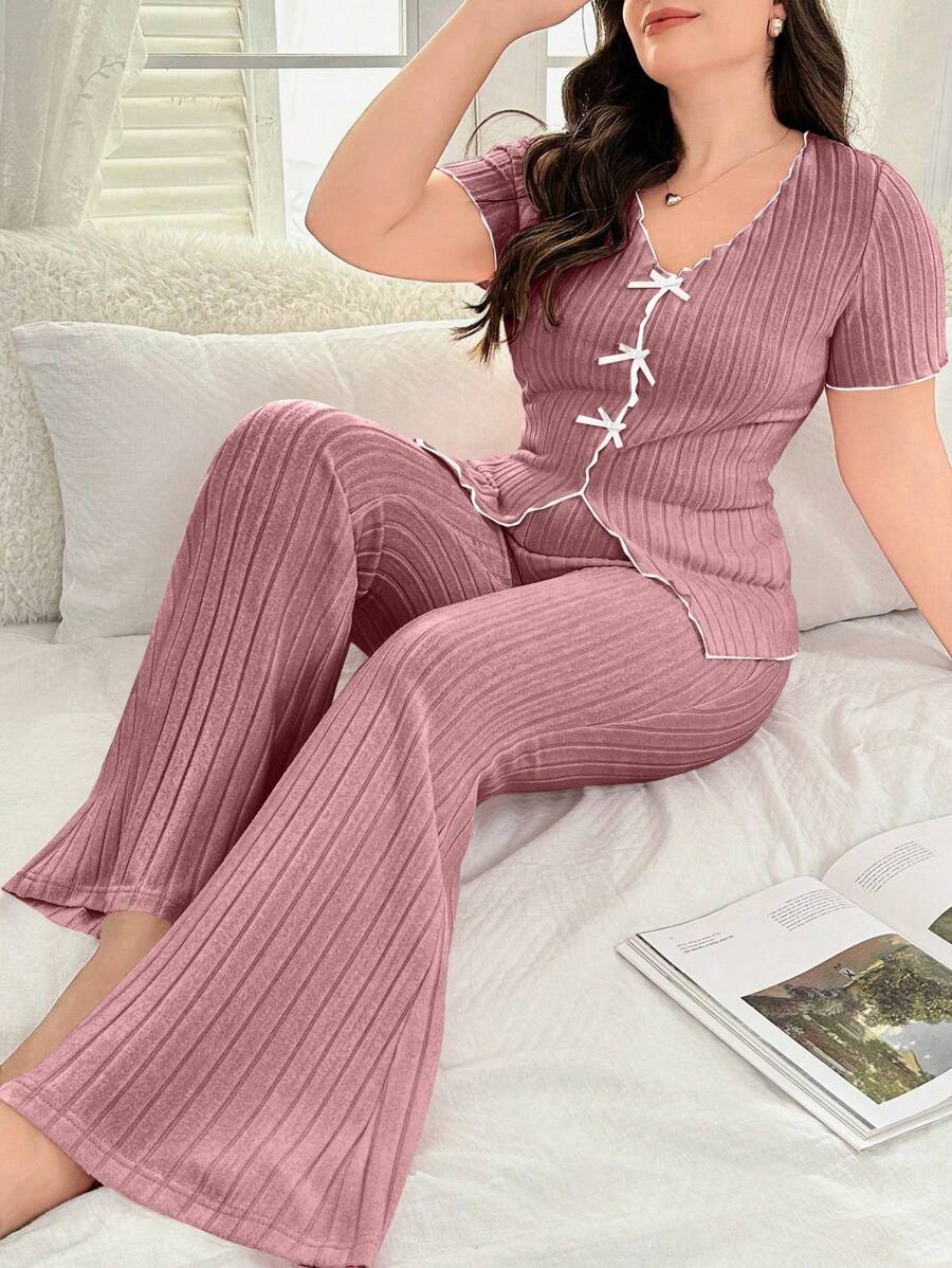 SHEIN X Garcia Sisters Women Plus Size V-Neck Bow Decor Cinched Waist Slit Long Pants Pajamas Set, Casual Short Sleeve - Dusty Pink - View 1