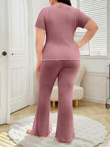 SHEIN X Garcia Sisters Women Plus Size V-Neck Bow Decor Cinched Waist Slit Long Pants Pajamas Set, Casual Short Sleeve - Dusty Pink - View 2