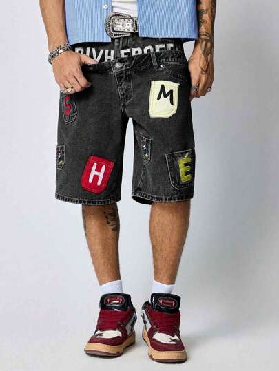 Street Life Herren Denim Shorts mit doppelter Taille und Stickerei