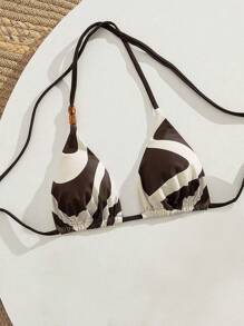 Swim Vcay Bikini para mujer, parte superior de traje de baño minimalista y vintage con decoración de tiras de color block y lazos laterales para playa y vacaciones de verano