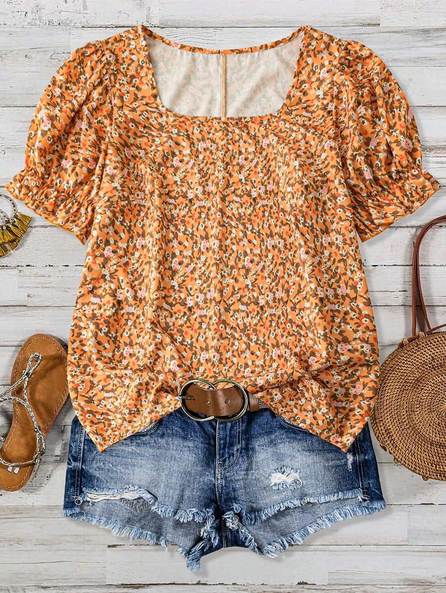 SHEIN LUNE 大码女式夏季度假风格宽松花卉印花圆领短款泡泡袖衬衫新年衣服 - 橘色 - 查看 1