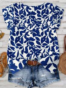 Linhara Áo thun nữ cổ tròn tay ngắn in họa tiết lá màu trơn cỡ lớn đi nghỉ thường ngày - Màu xanh lam - Xem 2