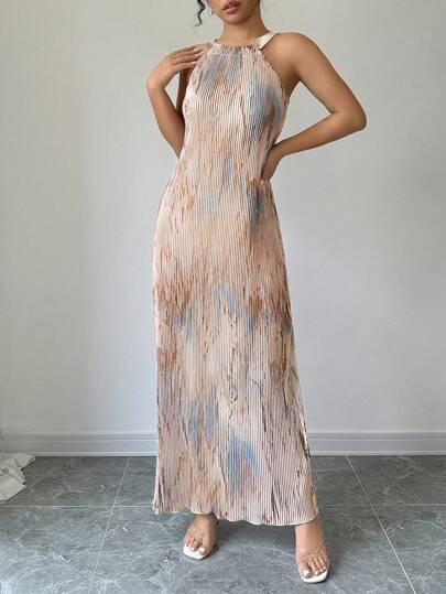 Selianne 女士优雅扎染印花百褶连衣裙 长款女装