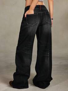 ROMWE Grunge Punk Retro Streetwear Distressed Rivets Design Women Loose Low-Waist Flare Jeans, Black - Black - View 2