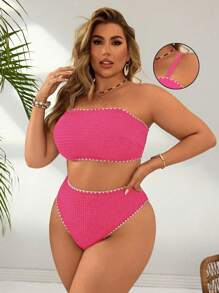 Swim Basics 2pcs/Set Plus Size Women Solid Color Spaghetti Strap Shell Trim Sexy High Waist Triangle Bikini Swimwear, Vacation Casual