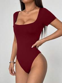 Flirla Women's Solid Color Slim Fit Square Neck Short Sleeve Bodysuit, Minimalist & Versatile For Daily Commute, Spring/Summer - Burgundy - View 3
