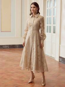 ZEYLAH Women's Lightweight Jacquard Lace Midi Shirt Dress, Romantic, Flowy, Elegant For Afternoon Tea