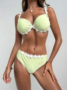 Bikini con reggiseno push-up a fiori verdi, costumi da bagno