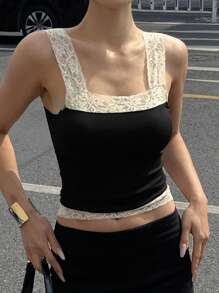 DAZY Sexy Fitted Sheer Lace Contrast Patchwork Camisole For Women Tank Tops
