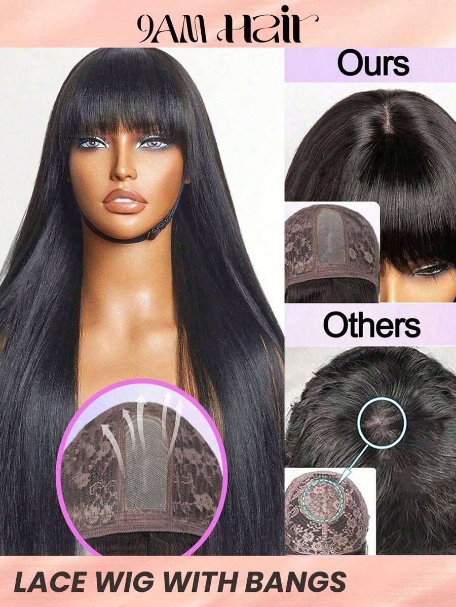 带刘海的蕾丝前假发 带刘海的直发人发 3x1 无胶假发 带刘海的蕾丝前闭合假发 自然发际线 自然黑色假发 - Natural Black - 查看 1