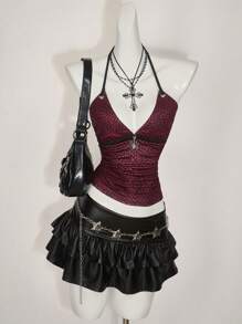 SHEIN ICON 女士夏季性感外出豹纹褶皱修身时尚露背吊带背心可爱夏季上衣，狂野上衣 - 紅色 - 查看 13