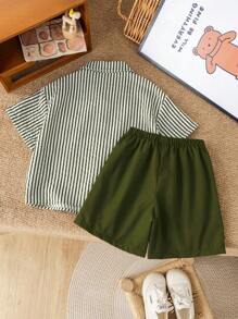 SHEIN 2pcs/Set Young Boys Comfortable Daily Versatile Loose Fit Korean Fashion Stripe Shirt And Contrast Shorts Set, Suitable For Spring/Summer, For Daily, Sports, Outings, School, Parties, Holidays, Photoshoots, Back-To-School