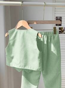 2pcs Young Boys Young Girls Casual Preppy New Style Boys' Suit Set: Blazer, Vest And Trousers, Gentleman Formal Wear Set , Suitable For Outings, Street Wear, Parties, Home, Back To School, Birthday, Baby Shower, Holiday Parties, Autumn Winter - Mint Green - View 6