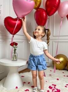 1pc Girls Casual Chic Denim Shorts With Bow, Blue Washed Fabric, Spring/Summer New Arrival