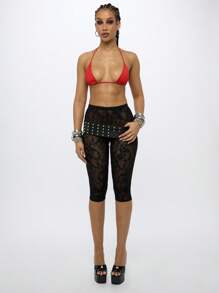 SUMWON WOMEN 蕾丝花边卡普里紧身裤夏季节日沙滩装中长款透明图案渔网裤晚装