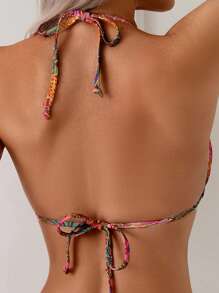 Swim Vcay Women's Beach Holiday Random Tropical Plant Print Halter Tie Sexy Triangle Bikini Top For Summer Beach Vacation