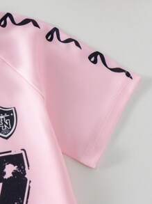 2pcs/Set Young Girl Pink Raglan Sleeve '07' Graphic Sweatshirt & Black Cargo Pants Set, Sports Style Outfit