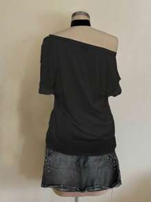 Attitoon Casual Heart Wing Pattern Loose Fit Drop Shoulder Women T-Shirt, Suitable For Summer,Rave Top Back To School - Black - View 6