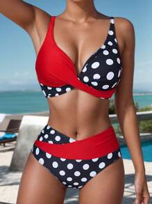 Swim Vcay Women Colorblock Sexy Criss-Cross Polka Dot High Waist Bikini Swimwear - Red - View 1