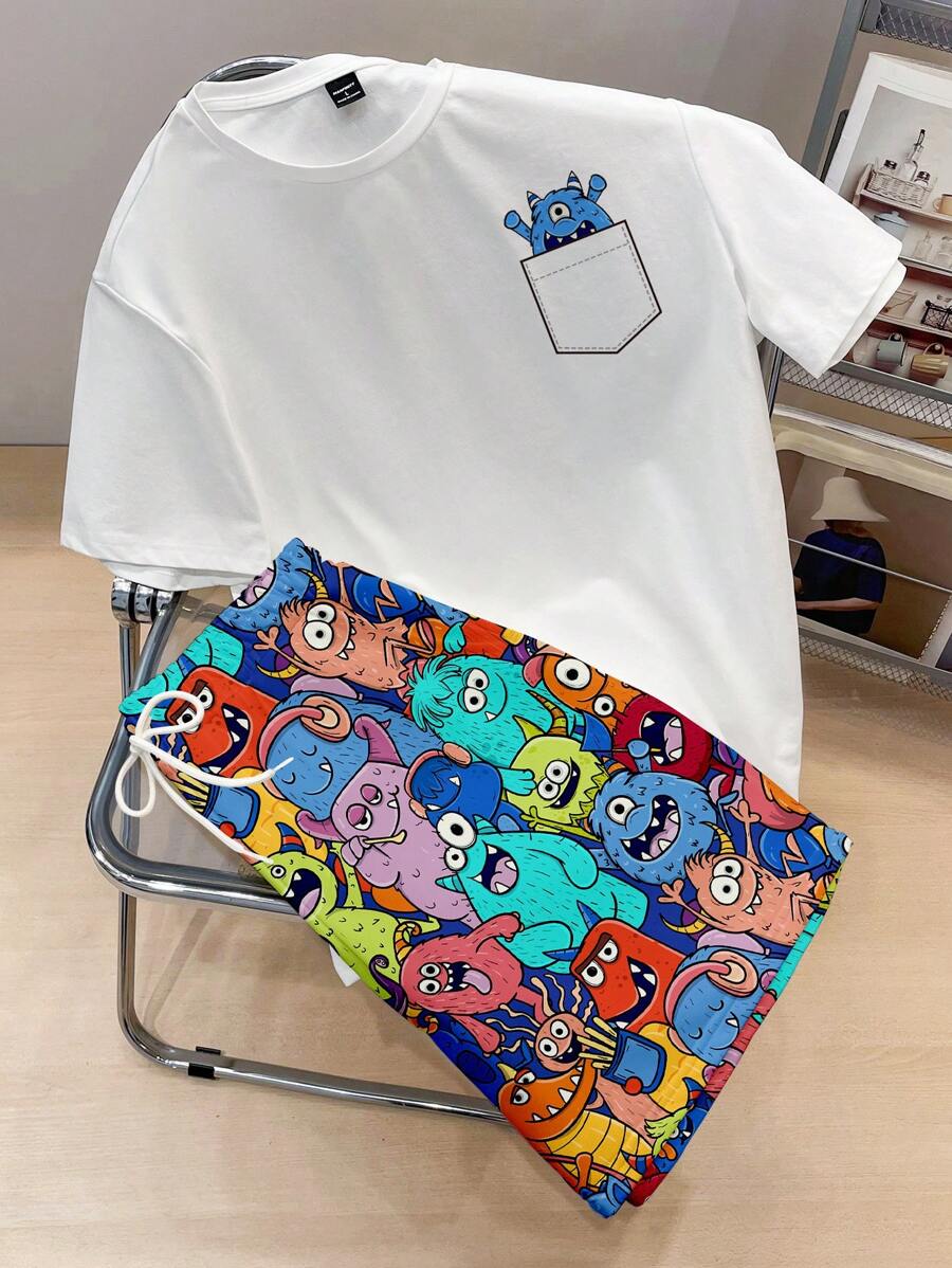 Manfinity Joysei Men's Funny Cartoon Print T-Shirt & Shorts Set, Cartoon Shirt, Monster Shirt, Cartoon Monster Shirt, Funny Monster Shirt - Multicolor - View 1