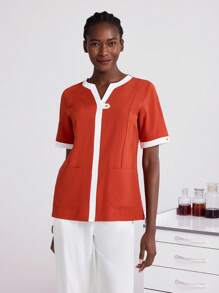 TaskEZ Ensemble de tenue de travail infirmière avec Top à manches courtes et pantalon de couleur contrastée, vêtements de travail pour femmes, grandes tailles, deux pièces