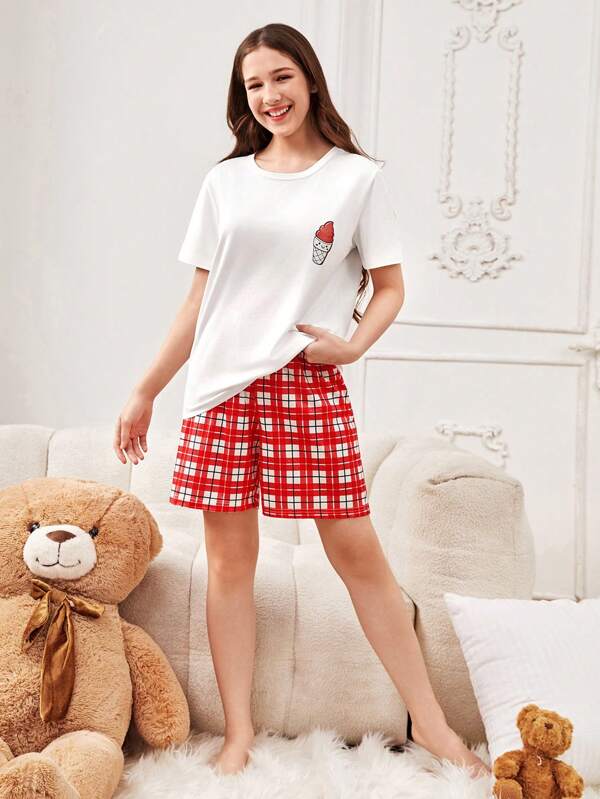 Conjunto de pijama com estampa de sorvete para meninas adolescentes, blusa de manga curta e shorts xadrez