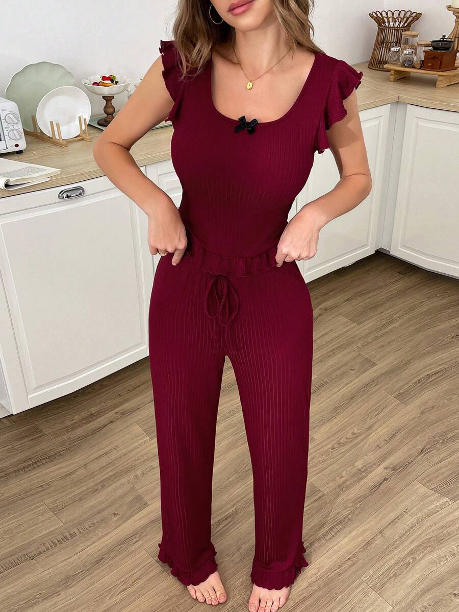 DUSKBASE Elegant Simple Ruffled Trim Women Pajama Set Outfit - Burgundy - View 1