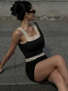 DAZY Sexy Fitted Sheer Lace Contrast Patchwork Camisole For Women Tank Tops
