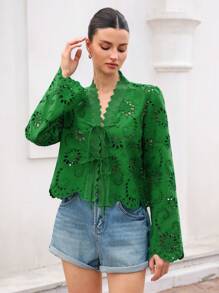 Aveloria Rosie 复古民族风格 Vnedk 蝴蝶结领带磨损下摆刺绣宽松长袖衬衫节日派对服装纽扣衬衫女式波西米亚风度假时尚风格，适合春秋季 - 綠色 - 查看 3