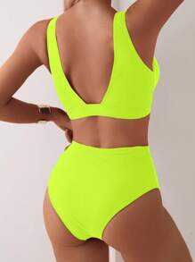SHEIN Swim 2026春夏新款亮绿色深V领纯色性感度假高衩比基尼泳衣两件套（女款） - 青檸色 - 查看 2