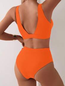 SHEIN Swim 2026春夏橙色深V领纯色性感高衩比基尼泳衣两件套（女款） - 橘色 - 查看 2