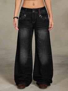ROMWE Grunge Punk Retro Streetwear Distressed Rivets Design Women Loose Low-Waist Flare Jeans, Black - Black - View 8