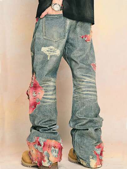 Street Life Pantalones vaqueros de corte relajado con bordado floral para hombres