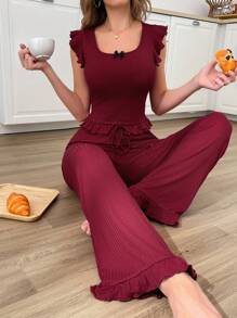 DUSKBASE Elegant Simple Ruffled Trim Women Pajama Set Outfit - Burgundy - View 4
