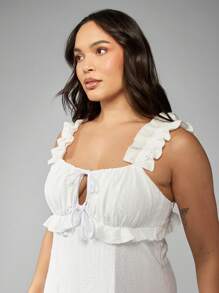 MISSGUIDED PLUS Plus Size Empire Waist Maxi Dress Eyelet Embroidered Summer Beach Vacation Ruffle Strap Side Slit Wedding Guest Sundress - White - View 5