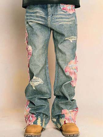 Street Life Pantalones vaqueros de corte relajado con bordado floral para hombres