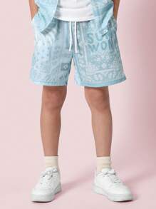 SUMWON Boys Summer Bandana Print Co-Ord Set Short Sleeve Button Down Shirt Drawstring Shorts Vacation Beach Holiday Resort Wear Tween Teenage Fashion Outfit Pack - Multicolor - View 4