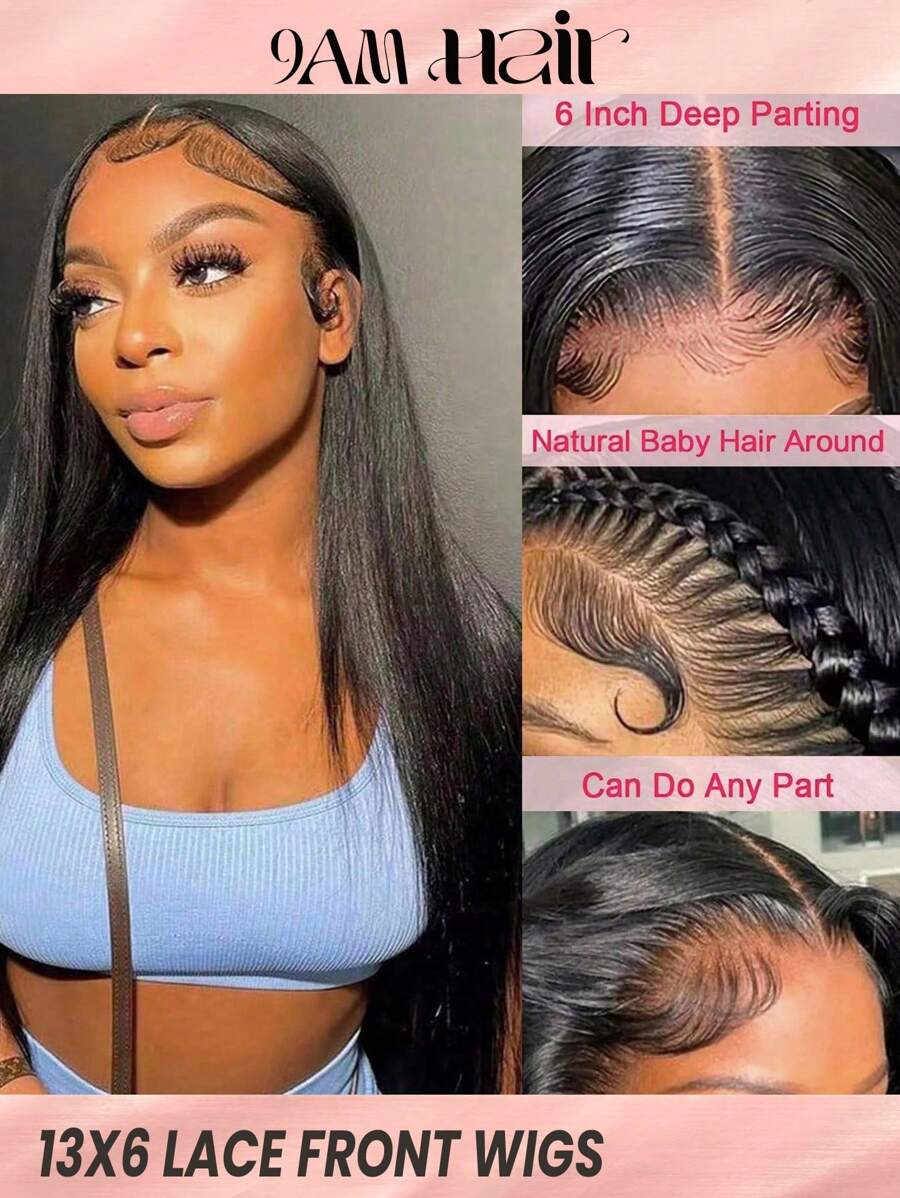 Straight 13 X 6 Lace Front Wigs Real Human Hair Ear To Ear Lace Frontal Closure Natural Black Color Wigs  With Baby Hair Pre Plucked Natural Hairline Wig - Natural Black - View 1