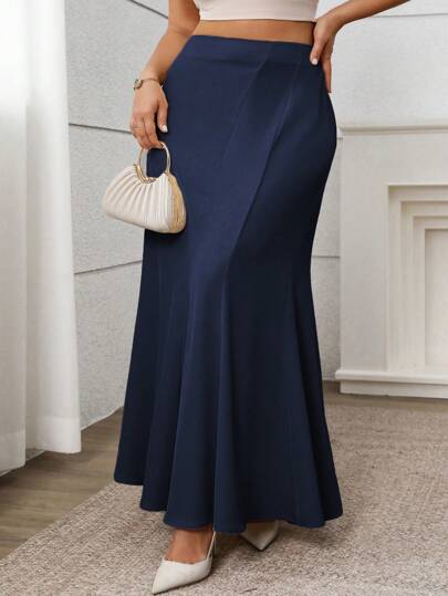 Vionelle Plus Size Women Elegant Casual Solid Color Asymmetric A-Line Maxi Skirt, Suitable For Work, Vacation, Spring/Summer