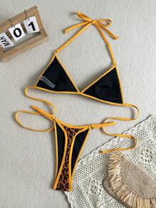 Swim EVENT Women's Sexy Summer Music Festival Beachwear Set, Hollow Textured Leopard Print Fabric Contrast Color Splice Bikini Set - Orange - View 8