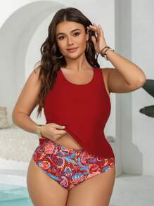 SHEIN Swim Curve Plus Size Women 3pcs Vintage Boho Printed Bikini Set With Backless Halter Top, Modest Fit - Multicolor - View 5