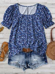 SHEIN LUNE Plus Size Women Summer Vacation Style Loose Fit Floral Print Round Neck Short Bubble Sleeve Blouse For New Year Clothes - Multicolor - View 1