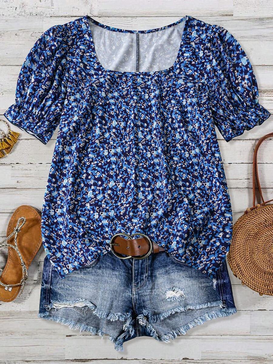 SHEIN LUNE Plus Size Women Summer Vacation Style Loose Fit Floral Print Round Neck Short Bubble Sleeve Blouse For New Year Clothes - Multicolor - View 1