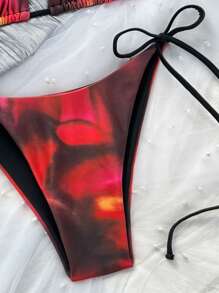 Swim Mod 2026 Spring/Summer New Random Red & Black Tie-Dye Print Spaghetti Strap Solid Lining Sexy Vacation Side Tie Thong Bikini 2-Piece Swimsuit For Women