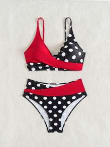Swim Vcay Women Colorblock Sexy Criss-Cross Polka Dot High Waist Bikini Swimwear - Red - View 6