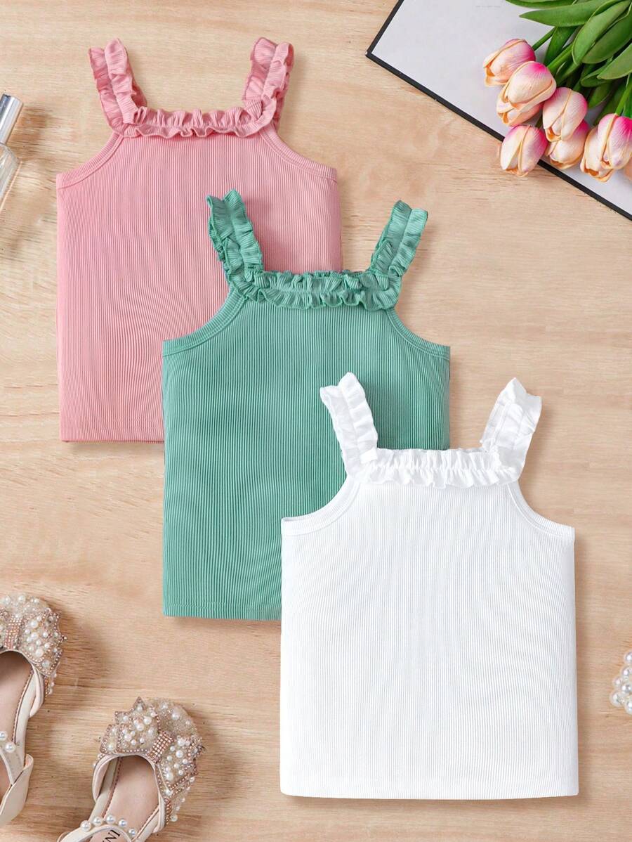 3pcs/Set Young Girls Solid Ribbed Frill Trim Tank Tops, For Spring Summer