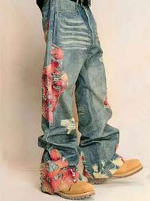 ROMWE MEN Casual Quần Jeans Nam Dáng Rộng Thêu Hoa - Rửa tối - Xem 3