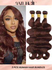 3 Stücke Rotbraune Bündel, Körperwellen-Bündel, Echthaar, rotbraun gefärbt, reines Remy-Haar, gewellt, Braun, Kupferrot, weich, dick, zum Einnähen, Haarwebart-Bündel für Frauen