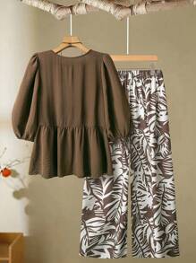 Linhara Plus Size Women's Solid Color Bow Tied Front Shirt & Printed Wide Leg Pants Casual Suit