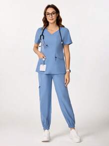 TaskEZ 1set Solid Color Short Sleeve Nursing Scrub Uniform Outfit, Top & Pants For Women Women Women S Scrubs Nurse Scrub Sets Women Scrub Sets For Women,Work Clothes Women For Women Women Plus Clothing Two Pieces Scrubs Scrub Sets - Blue - View 4